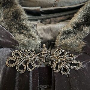 Vintage black velvet hooded fur cloak large fit, arm slits